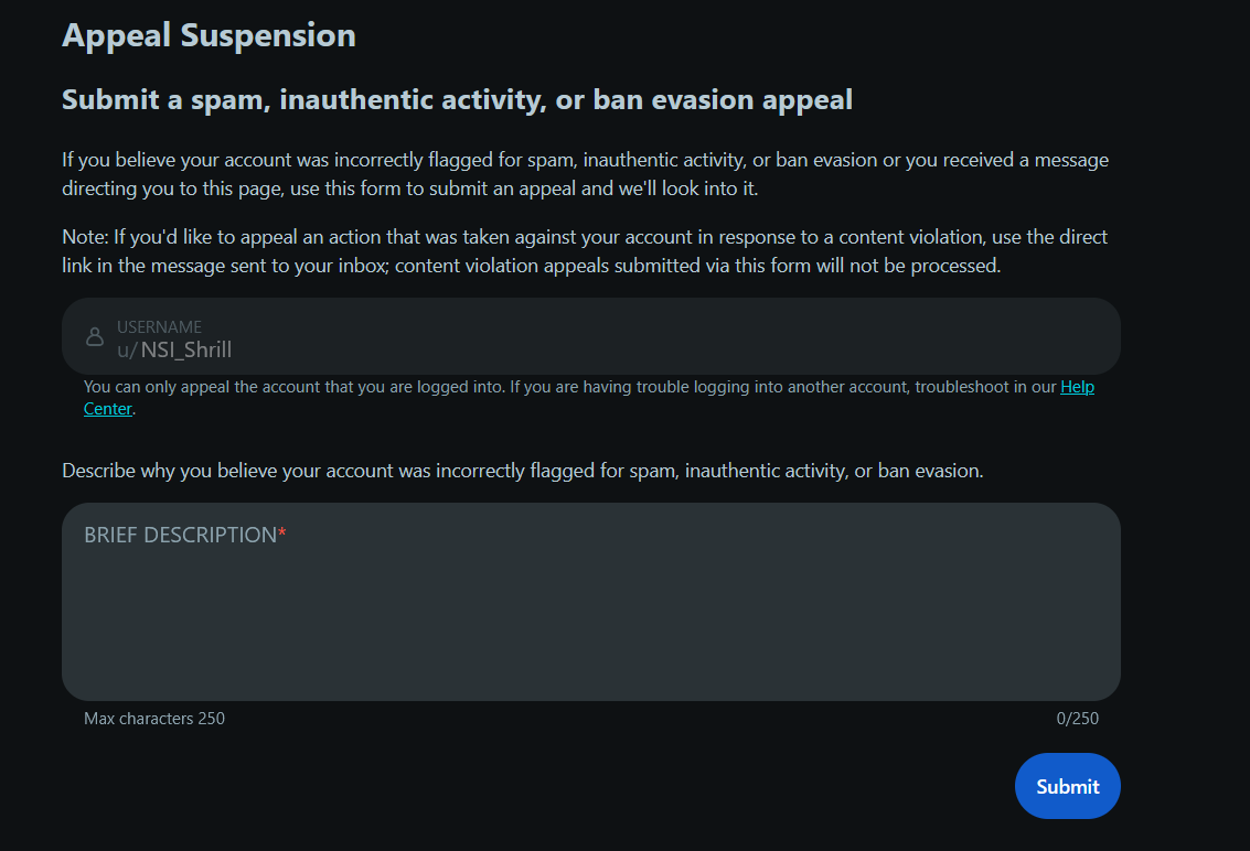 Reddit appeal format limited to 250 characters